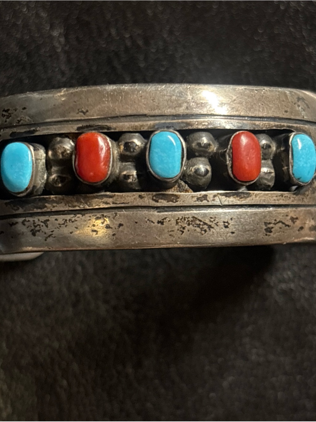 Sterlingsilver Navajo Turquoise And Coral Bracelet -Authentic Native American